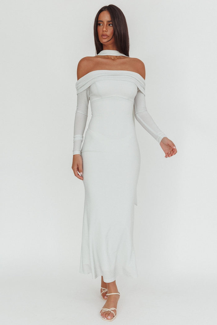 Flutters Off-Shoulder Long Sleeve Maxi Dress White by Selfie Leslie