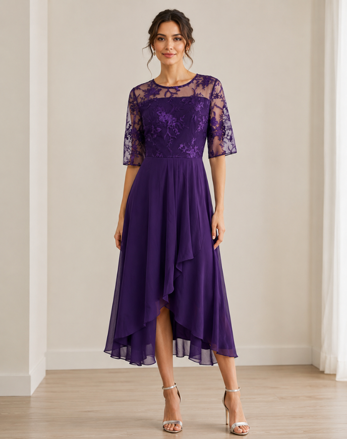 Women's Lace Overlay Midi Dress – Cocktail Dress, Wedding Guest & Party