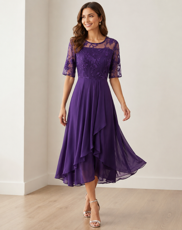 Women's Lace Overlay Midi Dress – Cocktail Dress, Wedding Guest & Party
