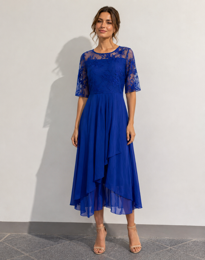 Women's Lace Overlay Midi Dress – Cocktail Dress, Wedding Guest & Party