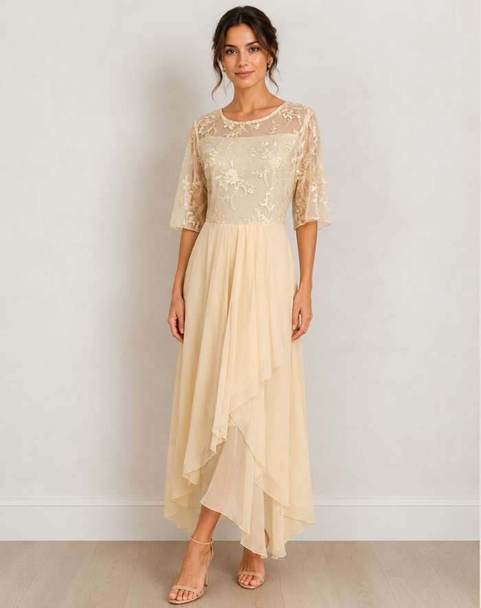 Women's Lace Overlay Midi Dress – Cocktail Dress, Wedding Guest & Party