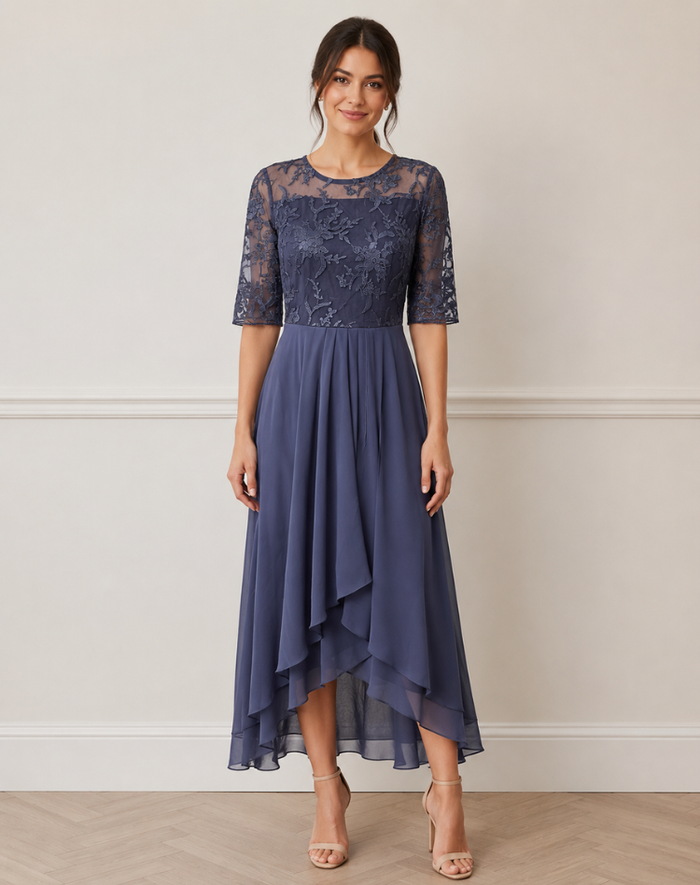 Women's Lace Overlay Midi Dress – Cocktail Dress, Wedding Guest & Party