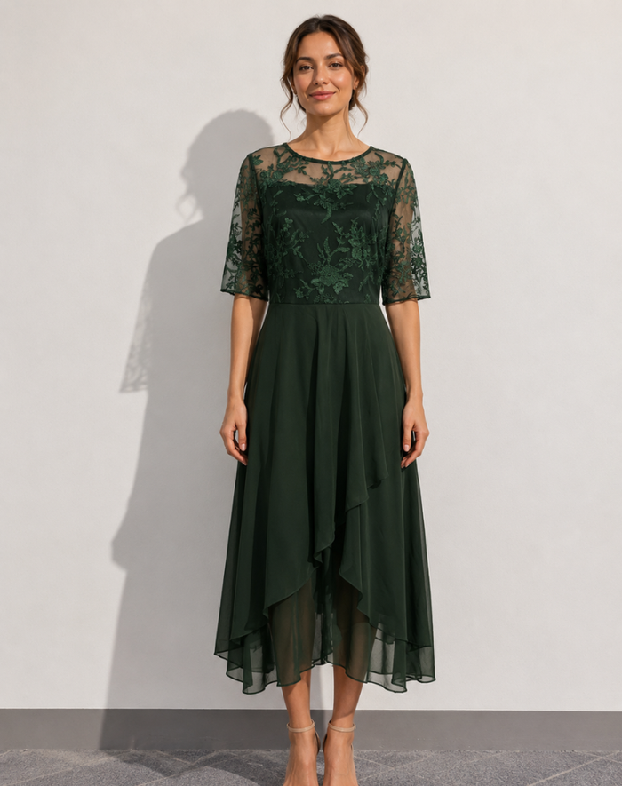 Women's Lace Overlay Midi Dress – Cocktail Dress, Wedding Guest & Party