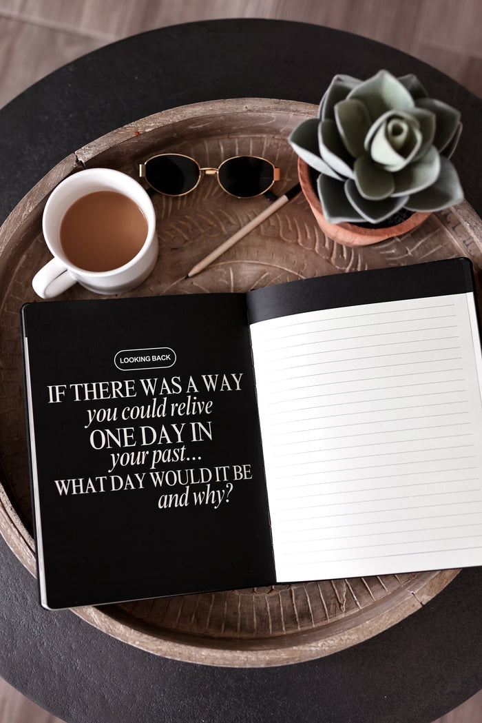 Black journal with inspirational prompt, coffee mug, sunglasses, and succulent on a wooden tray.